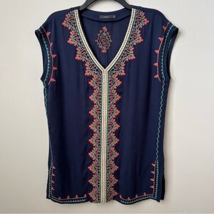 THML Sleeveless Embroidered Oversized Tunic V-Neck Side Slit Boho Navy Multi XS
